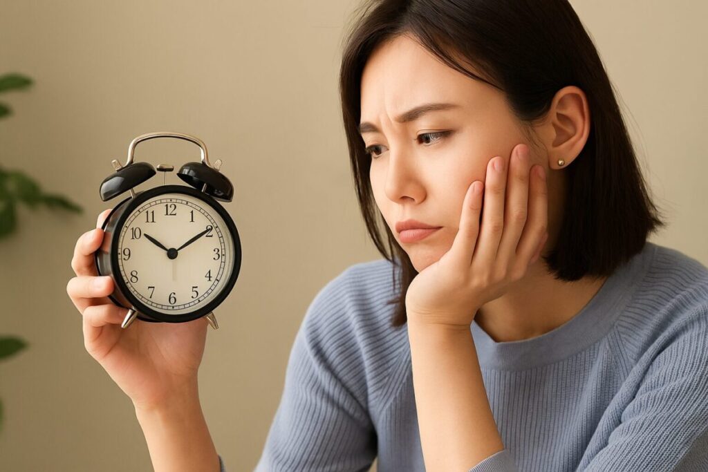 目覚まし時計を見て悩んでいる若い女性|時間が足りないと感じるイメージ