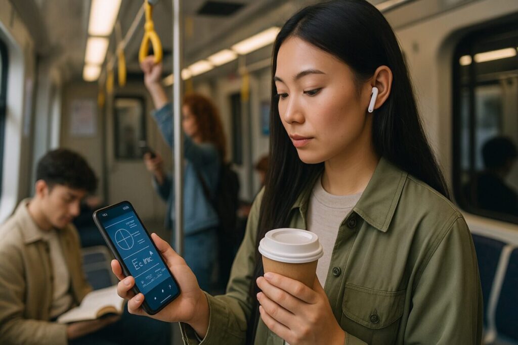 電車内でイヤホンをつけ、スマートフォンを操作しながらコーヒーを手にする若い女性。通勤時間を活用して学習する様子。