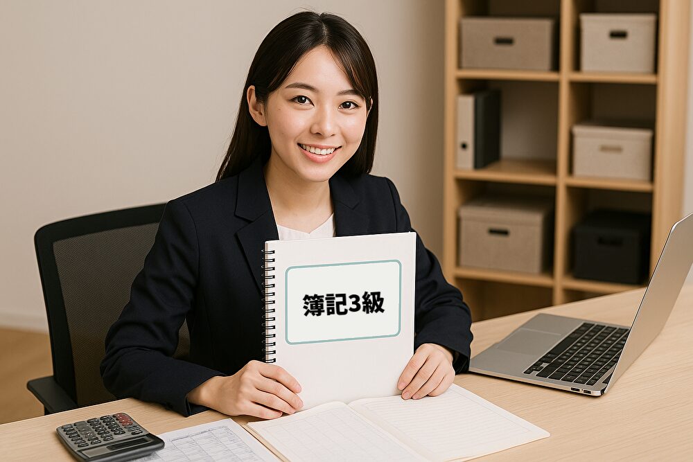 簿記3級のテキストを持ちながら机に向かって学習する若い日本人女性。デスクには電卓やノート、パソコンが置かれており、就職準備中の雰囲気が伝わる。