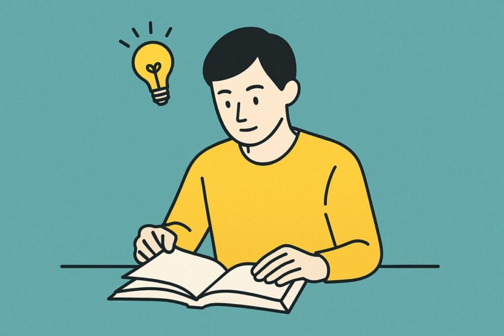 本を読みながらひらめきを得ている男性のイラスト。時間の使い方を見直し、学びを習慣化するイメージ。