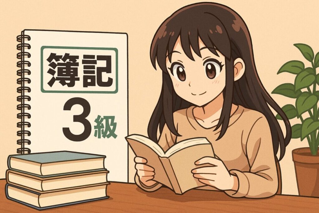 簿記3級の参考書を背景に、笑顔で本を読む女性のイラスト。学ぶことの楽しさや資格学習の前向きなイメージを表現。