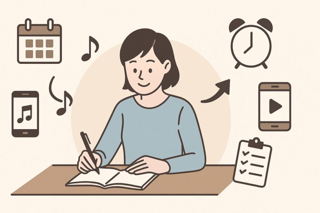 ノートに書き込みながら笑顔で学習する女性のイラスト。周囲には時計・カレンダー・スマートフォン・音符・チェックリストが描かれ、スキマ時間を活用した継続学習を象徴。