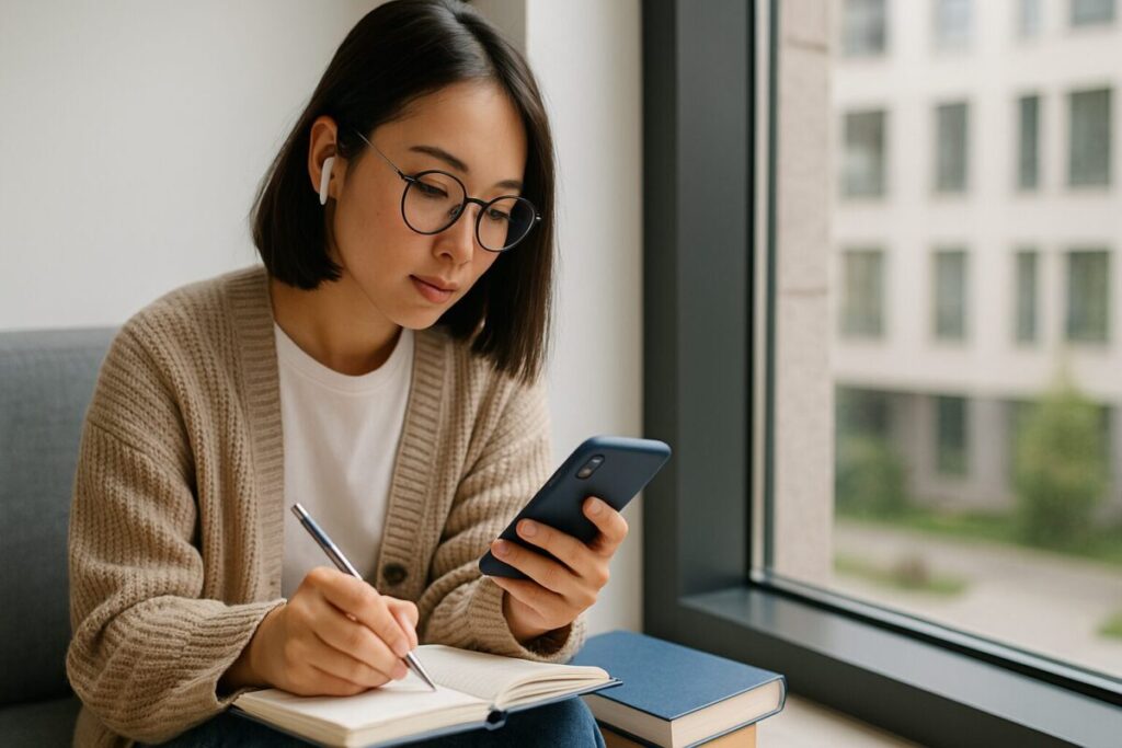 窓際でスマートフォンを見ながらノートにメモを取る女性。イヤホンを装着し、スキマ時間を活用して学習や情報収集をしている様子。