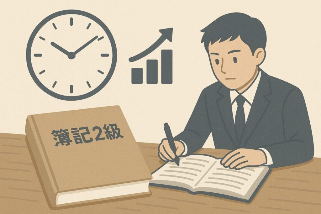 スーツ姿の男性が「簿記2級」の本を机に置き、真剣な表情でノートに書き込んでいるイラスト。背景には時計とグラフのアイコン。