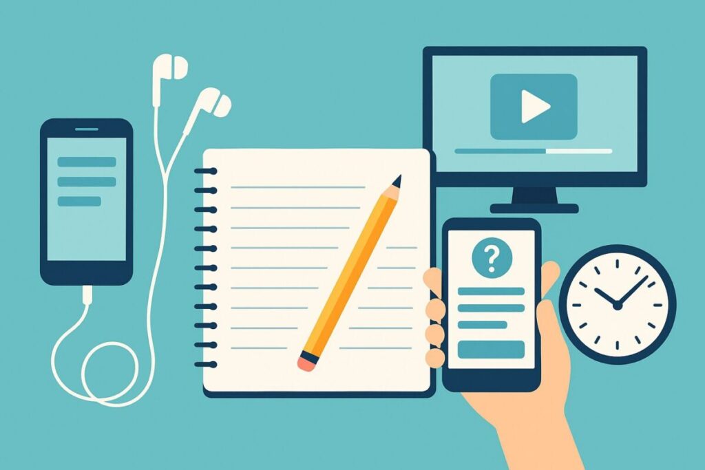 ノートやスマートフォン、イヤホン、動画視聴用のモニター、時計が並んだイラスト。スキマ時間を活用して学ぶための勉強ツールや環境を表現。