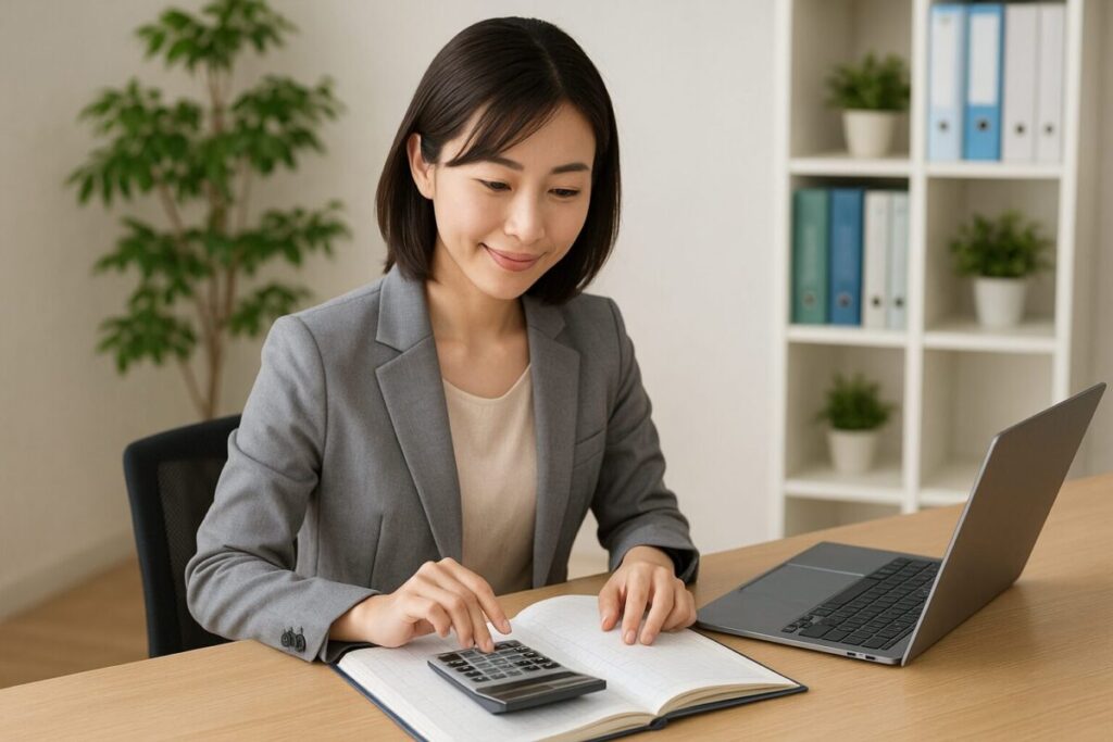 簿記の帳簿と電卓を使って作業に集中するスーツ姿の若い女性が、整ったオフィスのデスクで学習と実務を両立している様子を表す写真。