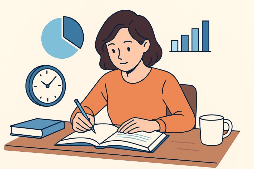 簿記3級の勉強時間を考える女性のイラスト。机に向かってノートを取り、背景に時計とグラフが描かれている