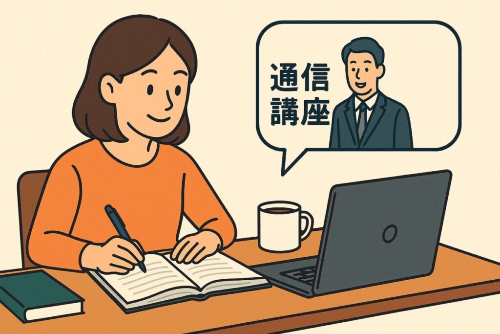 パソコンを使って通信講座を受けながらノートをとっている女性のイラスト。画面には講師の男性と「通信講座」の吹き出し。