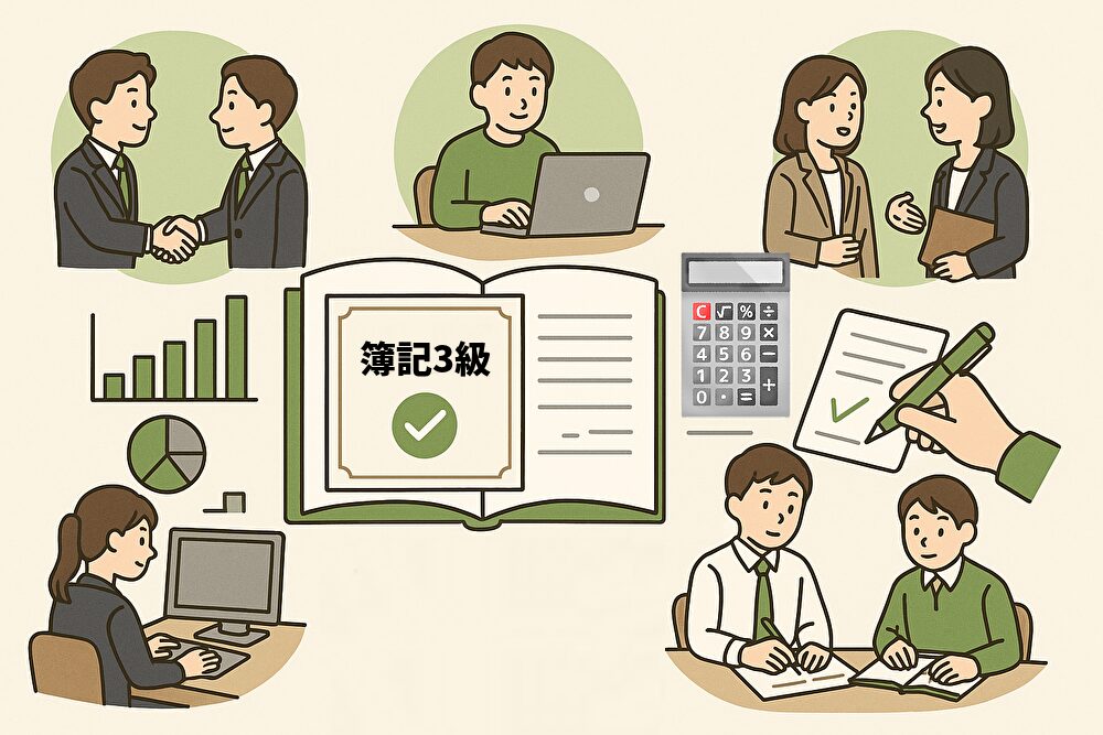 簿記3級の資格が活きる5つの就職・転職シーンを描いたイラスト。面接やオフィスワーク、会話や資料作成など、さまざまな業務場面に簿記の知識が役立つ様子を表現している。