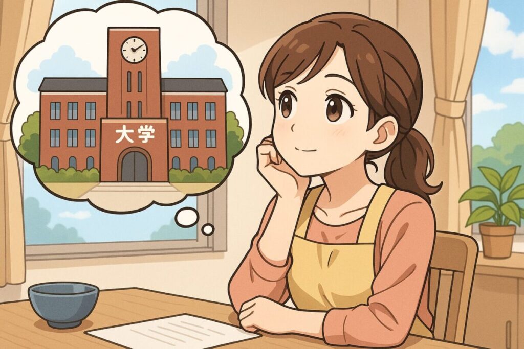 主婦がリビングで大学に通うことを想像して微笑んでいるアニメ風のイラスト。机の上にはノートとカップがあり、思い浮かべた吹き出しの中にはレンガ造りの大学校舎が描かれている。