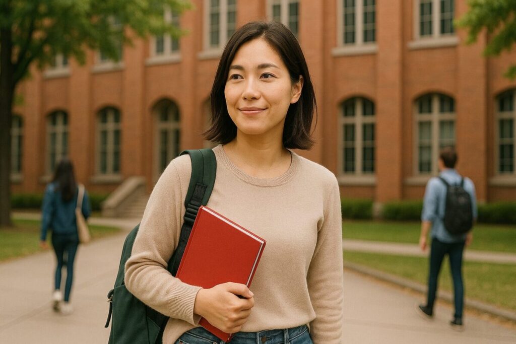 大学キャンパスで授業に向かうお母さん。赤い本を胸に抱え、リュックを背負って穏やかな表情で歩く姿。背景にはレンガ造りの校舎と学生たちが行き交う緑の木々が広がっている。