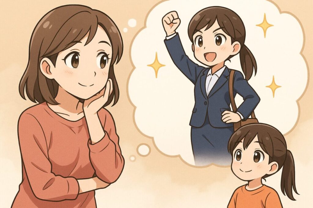 未来の自分のスキルアップした姿を思い描き、微笑みながら想像しているお母さんのアニメ風イラスト。