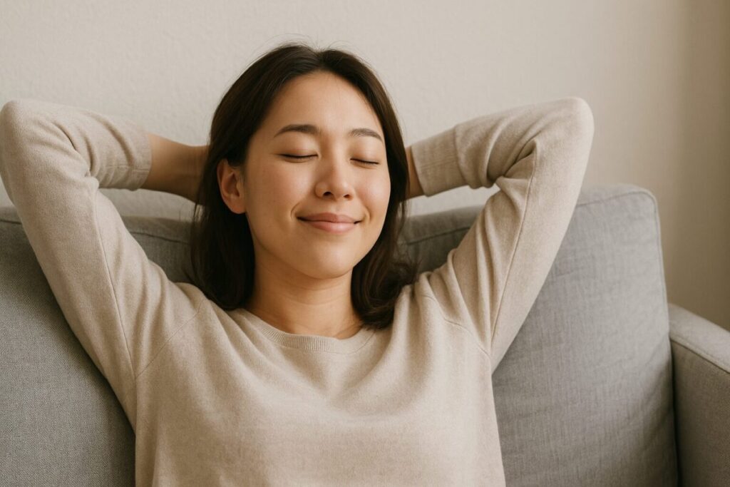 落ち着いた表情でソファに寄りかかり、穏やかな時間を過ごす女性の様子。