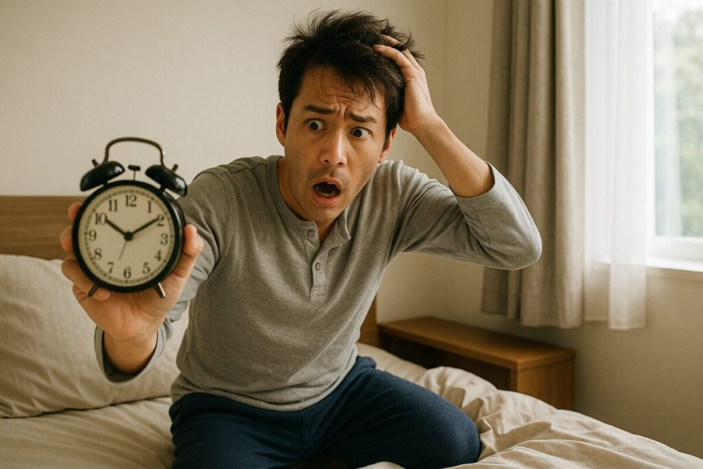 寝坊して慌てて起き上がる社会人の男性。パジャマ姿でベッドの上から時計を見つめ、驚いた表情をしている。