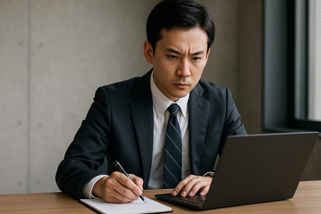 オフィスでパソコンに向かい、真剣な表情で仕事に集中している男性会社員。ノートにメモを取りながら業務に取り組む姿。