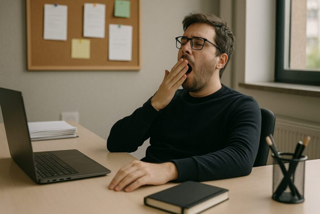 仕事中にあくびをして気を抜いている社会人の様子を表すイメージ。周囲が働く中、一人だけ集中を欠いている。