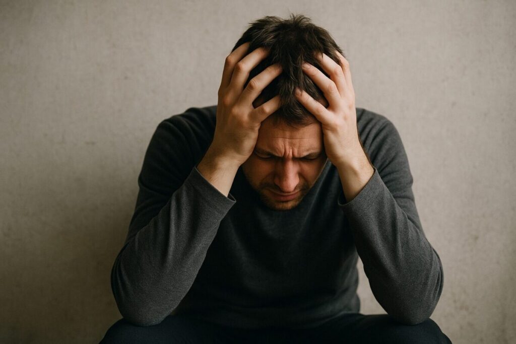 悩みやストレスを抱え、頭を抱えてうつむく男性の様子。落ち着いた色調の室内で、心の疲れを感じさせるシーン。