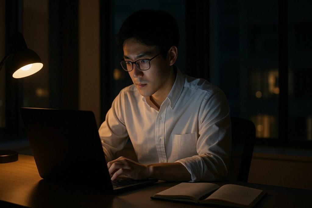 夜遅くまでオフィスでパソコン作業をする男性社会人。デスクライトとノートPCの光に照らされながら集中して働く様子。