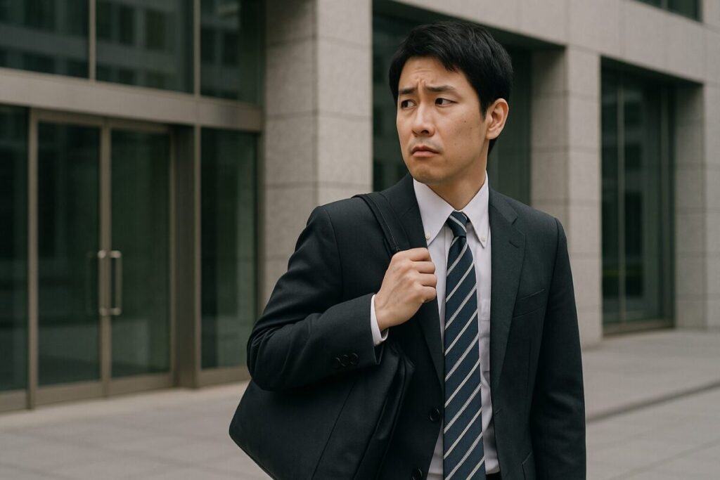 会社の前で出社をためらって立ち止まる会社員が、不安そうな表情でビルを見つめている様子