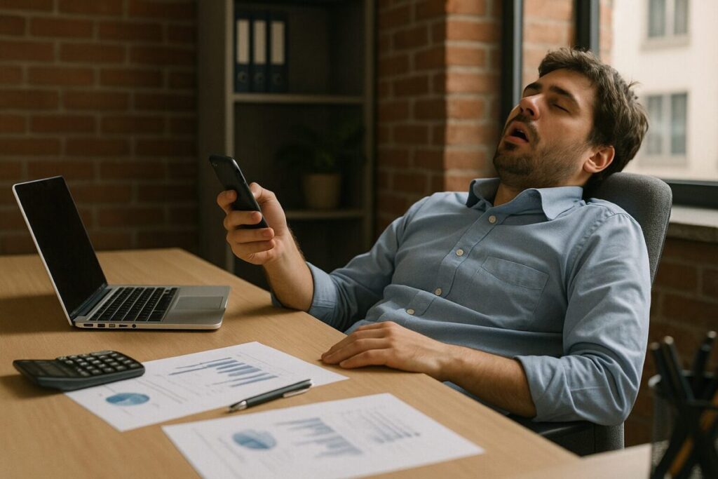 オフィスで仕事中にスマートフォンを見ながら居眠りしている男性。机の上にはノートパソコンと資料が置かれており、周囲は落ち着いた雰囲気の職場。