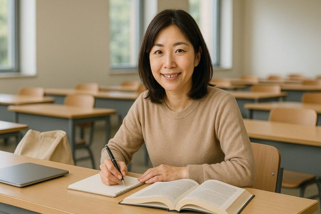 大学の教室でノートと教科書を開き、集中して勉強する主婦の女性。ベージュの服を着て穏やかに微笑み、自然光が差し込む明るい教室の中で学んでいる。