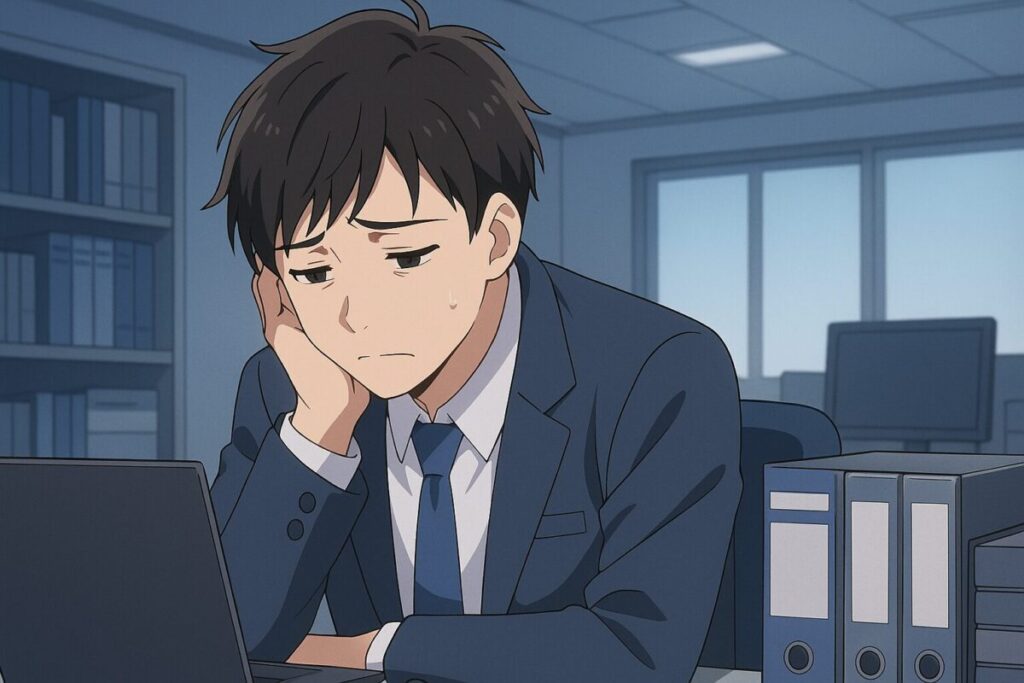 オフィスのデスクに座り、疲れた表情で落ち込んでいる男性会社員のアニメ風イラスト。周囲には書類やパソコンがあり、静かな職場の雰囲気が漂っている。