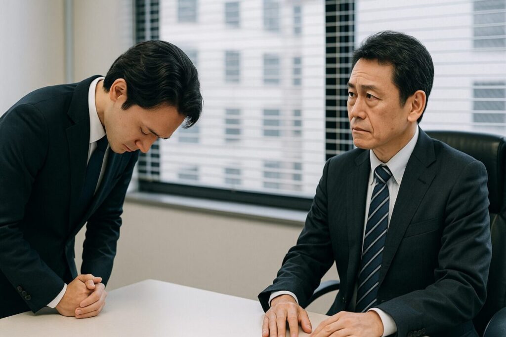 オフィスで上司に深く頭を下げて謝る社会人男性を写した画像。真剣な表情の上司と、誠意を込めて謝罪する部下の対比が伝わるシーン。