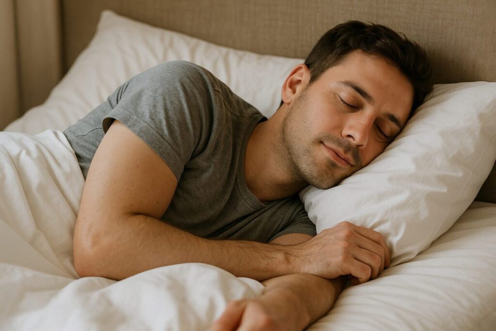 落ち着いた寝室でぐっすりと眠っている大人の男性が、白い枕と布団に包まれながら安らかな表情を浮かべている様子。