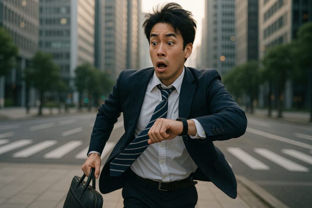 寝坊して遅刻しそうになり、オフィス街を急いで走るスーツ姿の男性が腕時計を確認して焦る様子