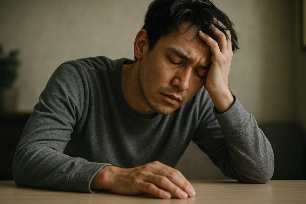 机に肘をつき、疲れた表情で頭を抱える男性の様子。