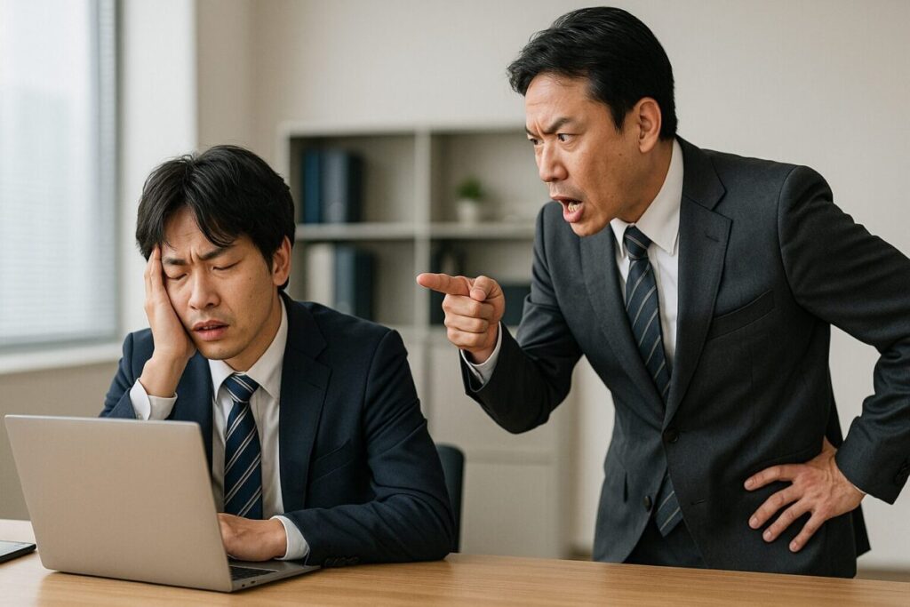 寝坊して遅刻し、職場で先輩に叱られているスーツ姿の社会人。机に座り落ち込む部下と、指をさして注意する先輩の様子。オフィス内で緊張した雰囲気。