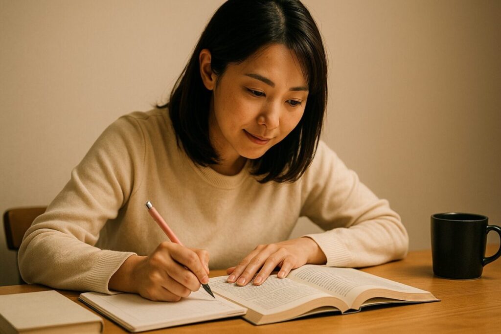 リビングの木のテーブルで勉強に集中するお母さんが、ノートにメモを取りながら参考書を読んでいる様子。柔らかな照明が落ち着いた雰囲気を演出している。