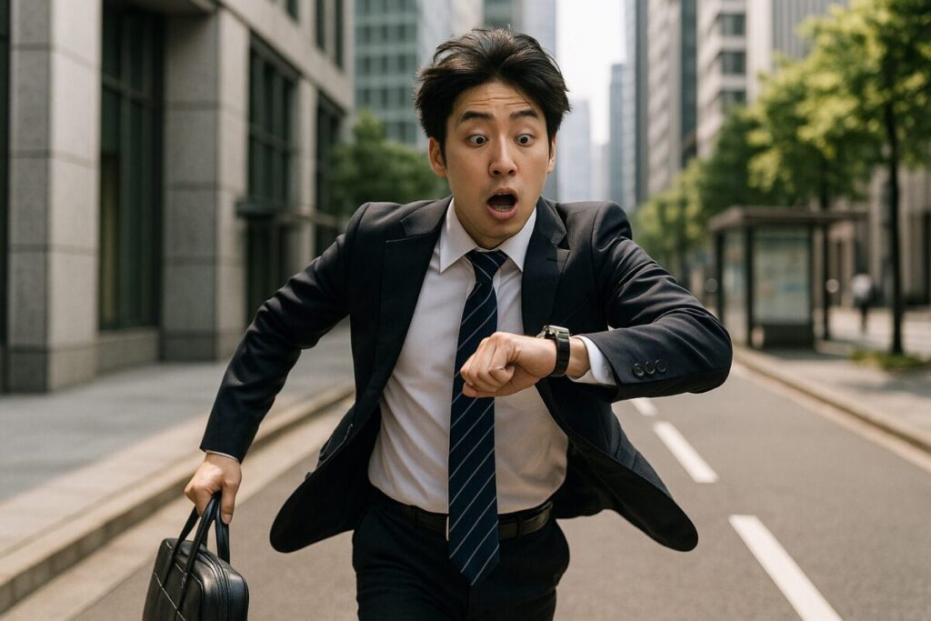 朝の通勤時間、寝坊して時計を見ながら慌てて走るスーツ姿の社会人男性。都会のビル街を背景に焦る表情で出社を急ぐ様子。