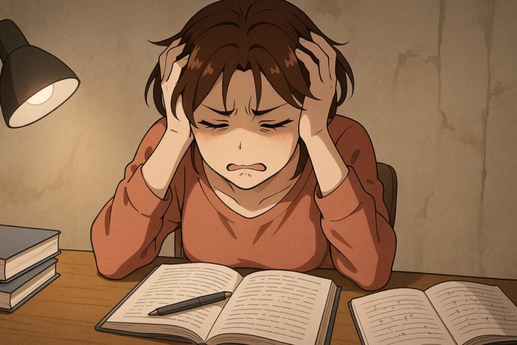 机に向かって頭を抱えるお母さんが、勉強に苦しんでいる様子を描いたアニメ風イラスト。夜の明かりの下で参考書とノートを前に悩んでいる姿。