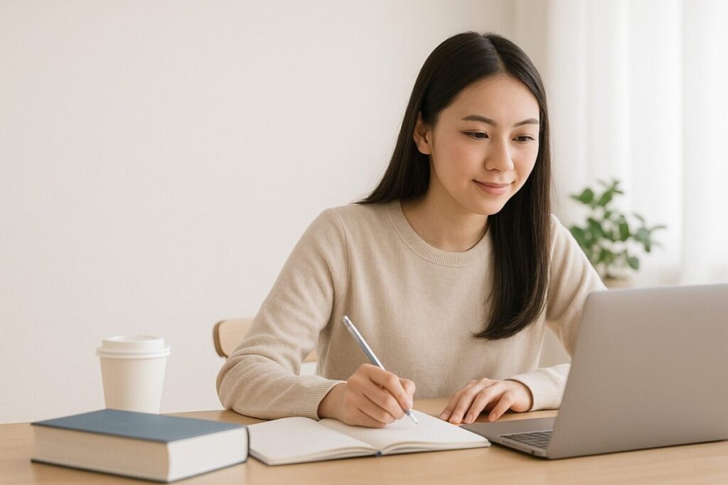ノートパソコンでオンライン授業を受けながらノートを取る女性。明るい部屋で通信制大学の学びに集中している様子。