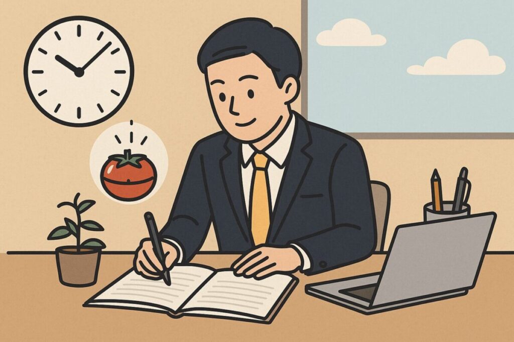 スーツ姿の社会人がデスクでノートに集中して取り組み、その横にはアナログ時計とトマト型タイマーが置かれている様子を描いたイラスト。ポモドーロ勉強法の「短い集中」をイメージした静かな作業風景。