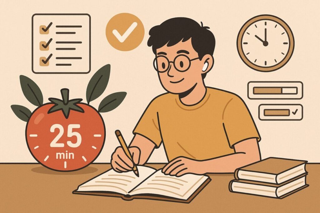 机で勉強する人がタイマーを活用しながら集中している様子を描いたイメージイラスト