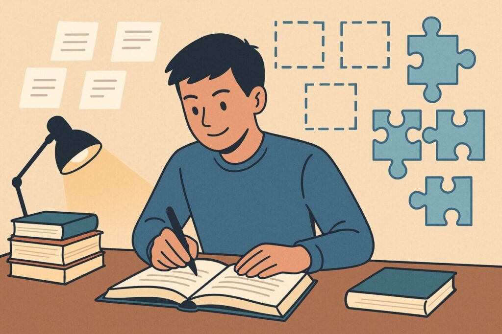 タスクを細かく分けながら机で勉強に取り組む人物が、パズルのピースや分割された枠を背景に集中して作業している様子を描いたイラスト。