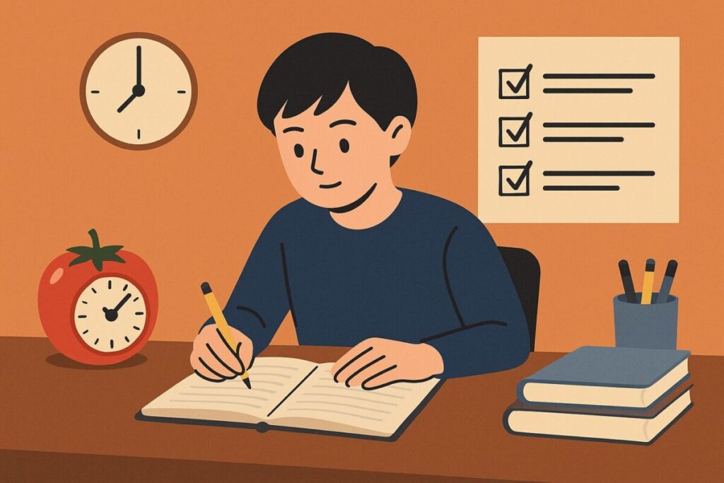 勉強机でノートに向かって取り組む人物のそばに、ポモドーロを象徴するトマト型タイマーが置かれ、集中して学習を進めている様子を描いたイラスト。