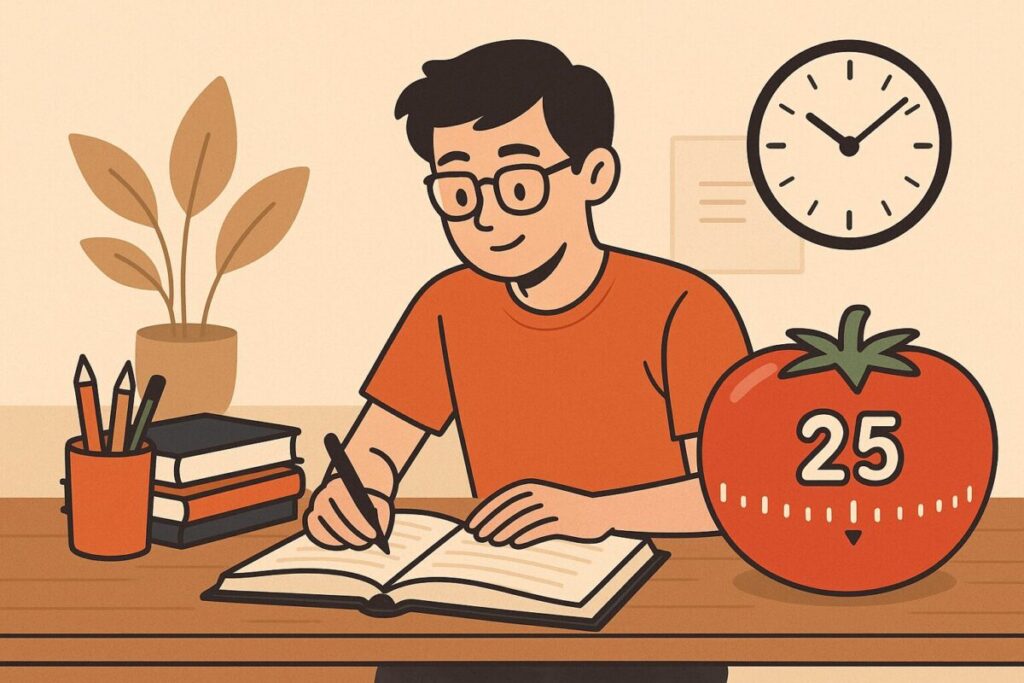 ポモドーロ勉強法を使って机で集中して学習する人物を描いたイラスト。タイマーや時計、ノートが並び、25分サイクルの学習をイメージした横長構図。