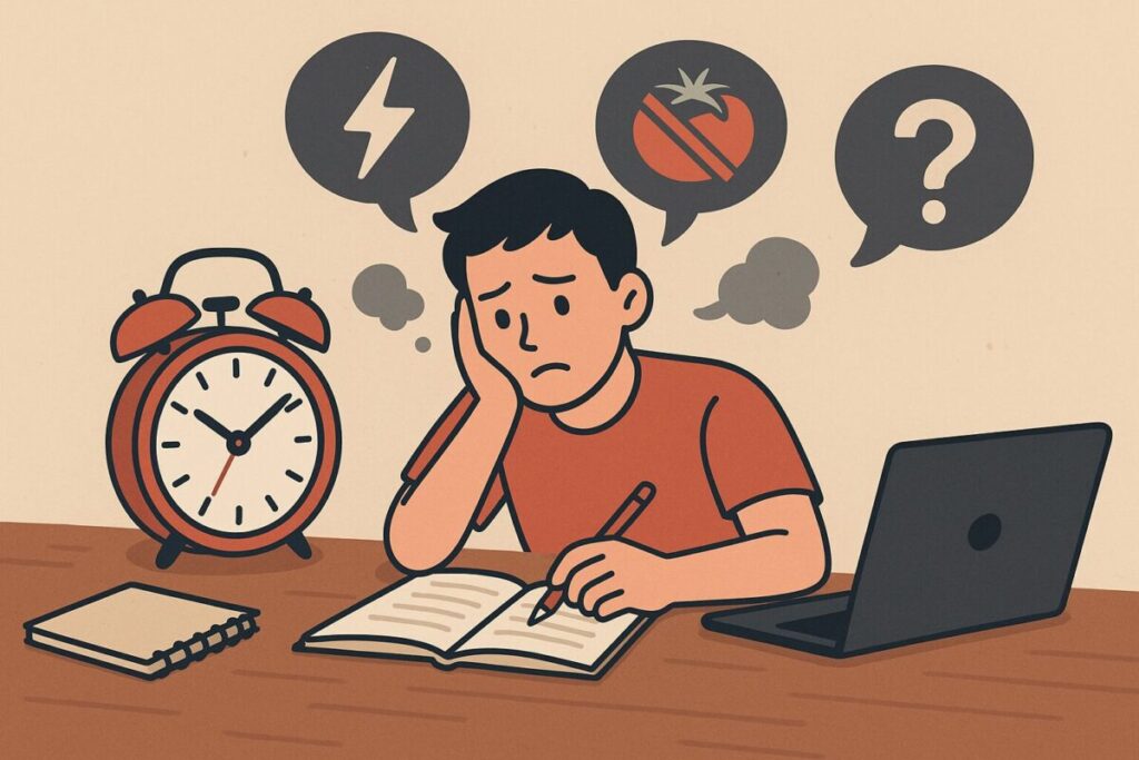 ポモドーロ勉強法の弱点をイメージしたイラストで、机に向かう男性が悩んだ様子でノートを前にし、周囲に「集中が続かない」「休憩のリズムが合わない」ことを示すアイコンが浮かんでいる構図。