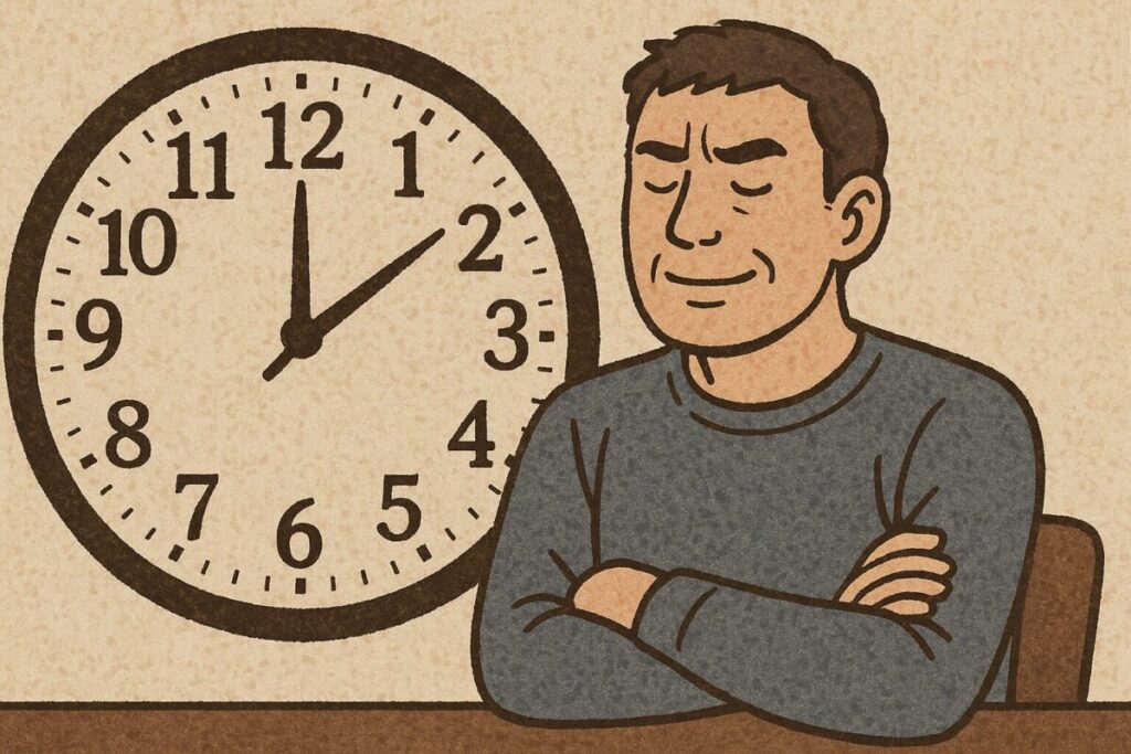 落ち着いた表情で腕を組み、背後にある大きな時計を前に静かに時間を待つ我慢強い人物を描いた横長のイラスト