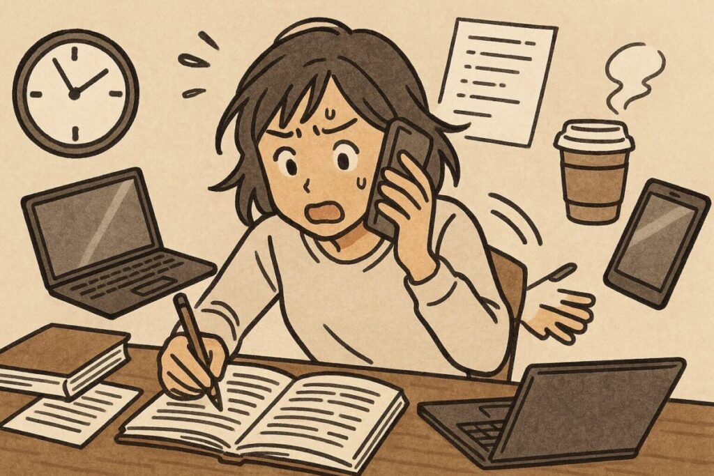 勉強机で参考書に書き込みをしながら、スマートフォン対応やパソコン作業にも追われ、複数のタスクを同時にこなそうとして余裕のない表情を浮かべている人物のイラスト