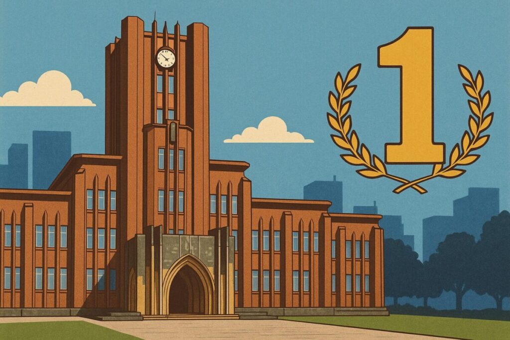 東京大学の安田講堂が描かれ、日本一位を象徴する金色の数字と月桂冠が並ぶイメージイラスト。建物の赤レンガ色と青空の対比が強調された横長構図。