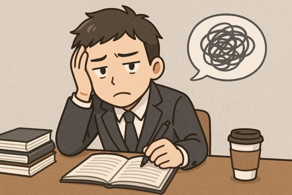 集中できずに机に向かって頭を抱えながら勉強している社会人の様子を描いた横長イラスト。スーツ姿の男性がノートを前にペンを持ち、疲れた表情で思考がまとまらない状態を表現している。