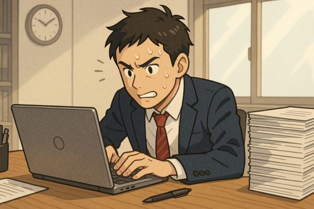 仕事に集中しながらノートパソコンに向かい、書類に囲まれて懸命に作業を進めているビジネスパーソンの様子を描いた横長のイラスト