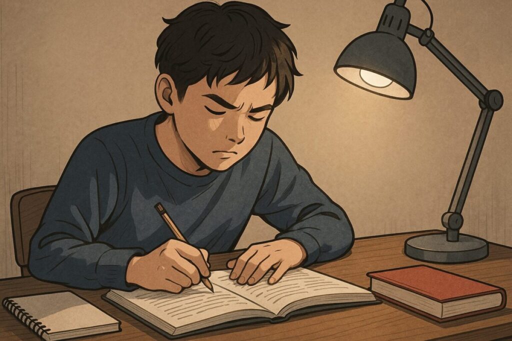 机に向かい、デスクライトの明かりの下でノートと参考書を広げ、集中して勉強に取り組んでいる人物のイラスト