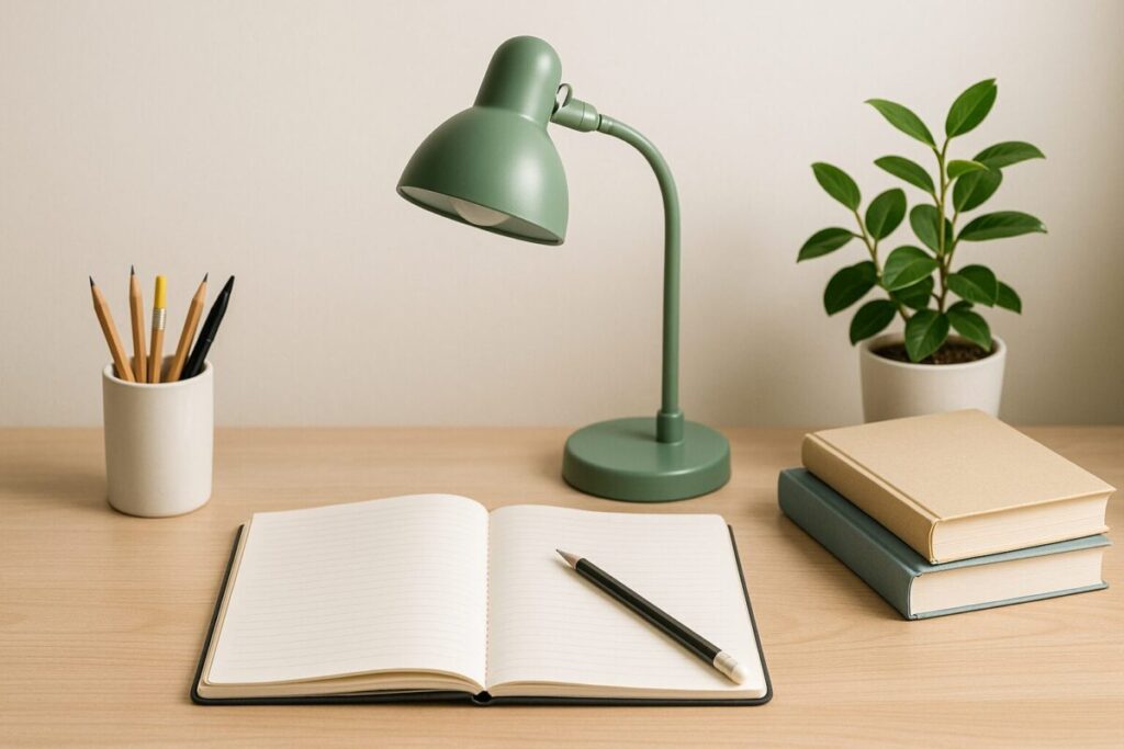 自然光が差し込む部屋で、木目のきれいな机の上にノート、ペン、デスクライト、本、観葉植物が整然と配置された、清潔感のある勉強机の様子
