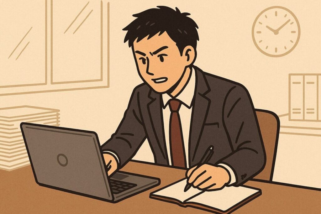 仕事に集中し、ノートを取りながらパソコン作業に取り組むスーツ姿のビジネスパーソンが、デスクに向かって真剣な表情で働いている様子を描いたイラスト