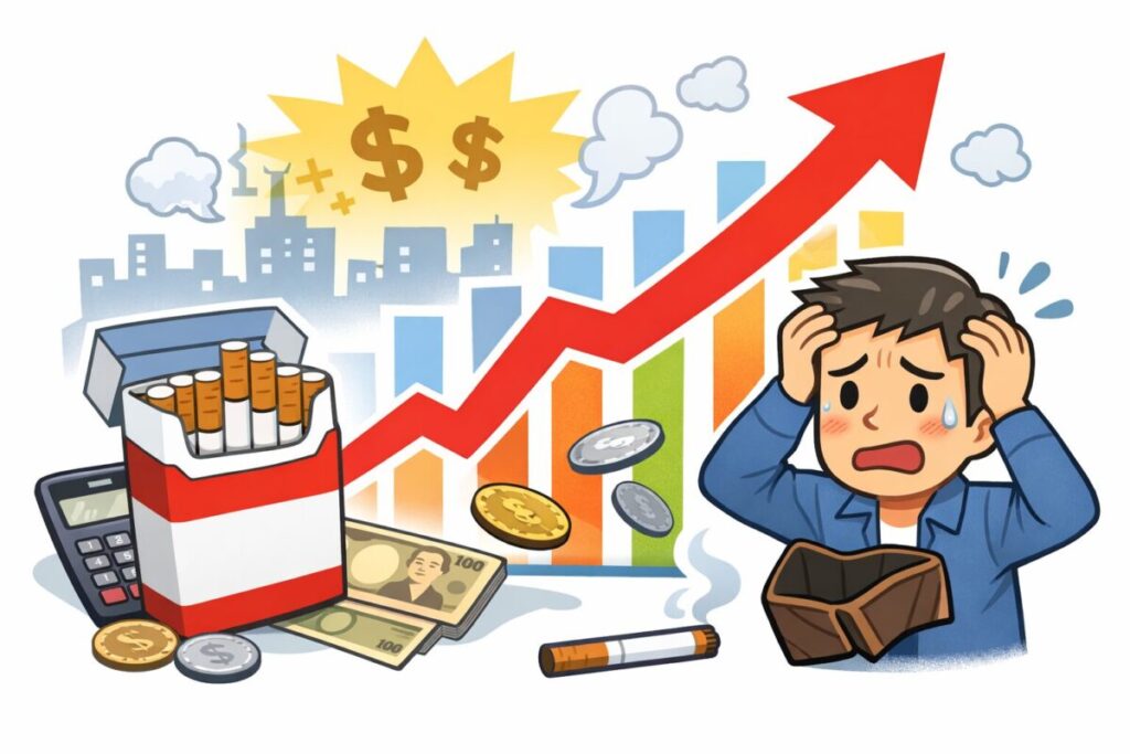 タバコの箱と上昇するグラフ、財布に困る人物を組み合わせた価格上昇のイメージイラスト